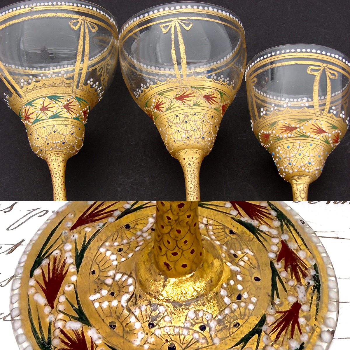 Gorgeous 3pc Antique Bohemian Enameled Glass Goblet Set, Gold & Raised Enamel