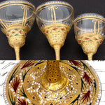 Gorgeous 3pc Antique Bohemian Enameled Glass Goblet Set, Gold & Raised Enamel