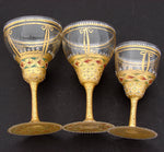 Gorgeous 3pc Antique Bohemian Enameled Glass Goblet Set, Gold & Raised Enamel