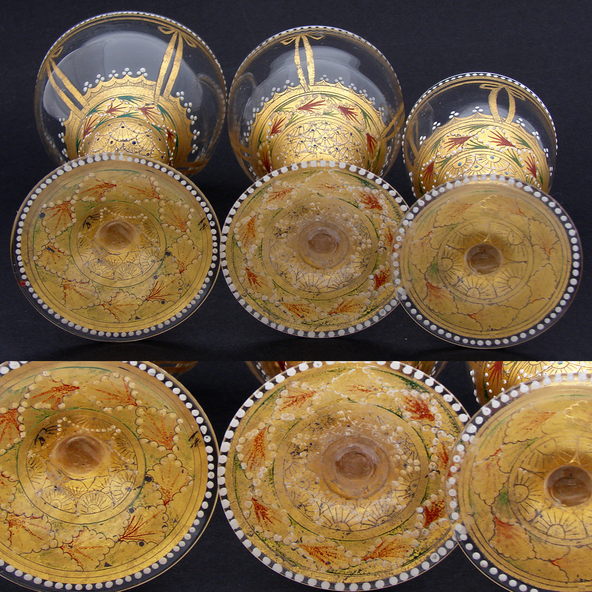Gorgeous 3pc Antique Bohemian Enameled Glass Goblet Set, Gold & Raised Enamel