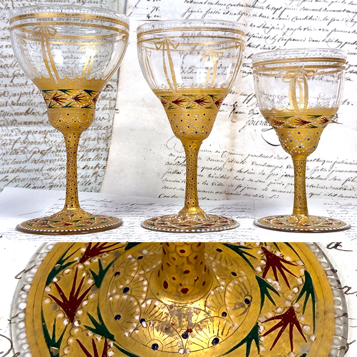 Gorgeous 3pc Antique Bohemian Enameled Glass Goblet Set, Gold & Raised Enamel