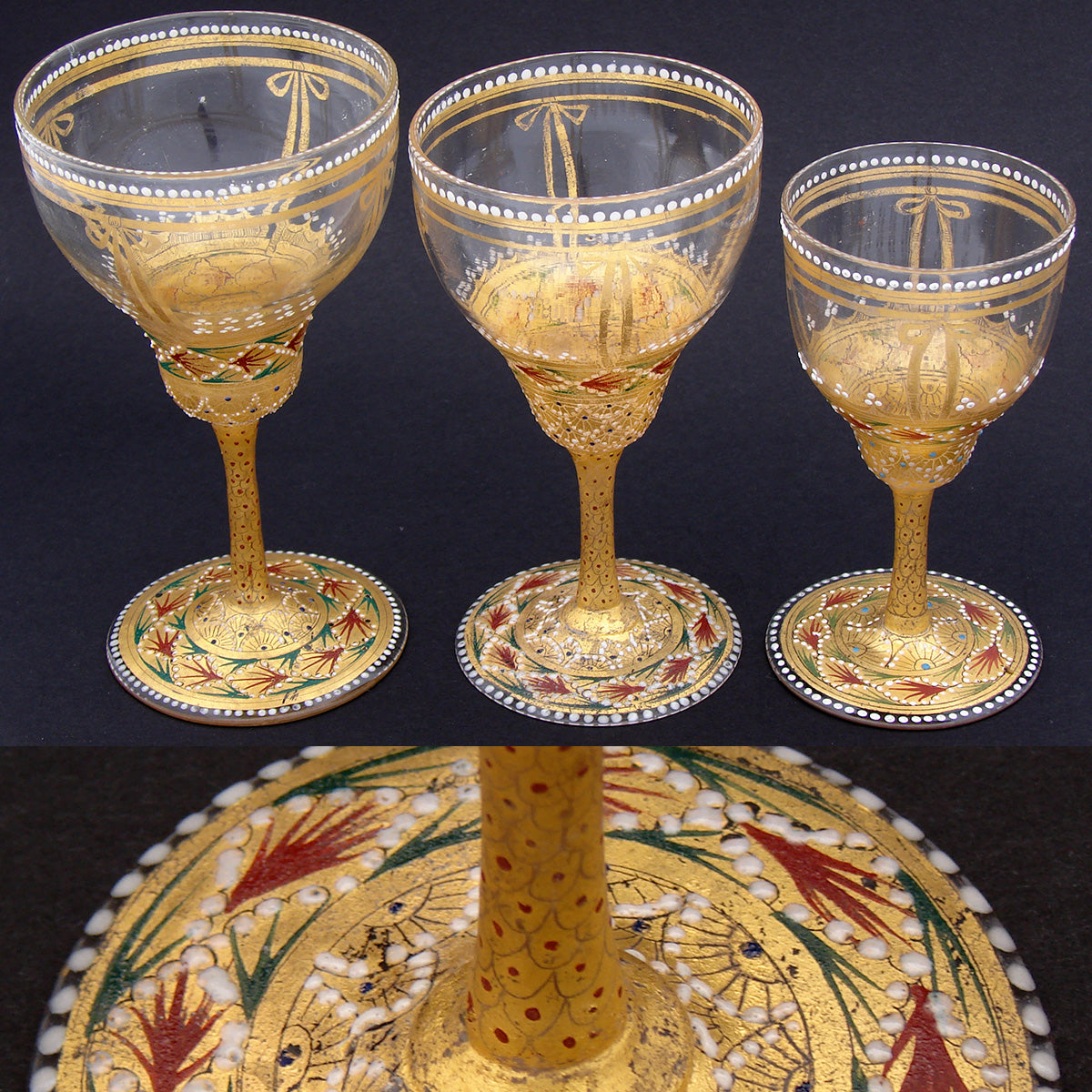Gorgeous 3pc Antique Bohemian Enameled Glass Goblet Set, Gold & Raised Enamel