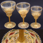 Gorgeous 3pc Antique Bohemian Enameled Glass Goblet Set, Gold & Raised Enamel