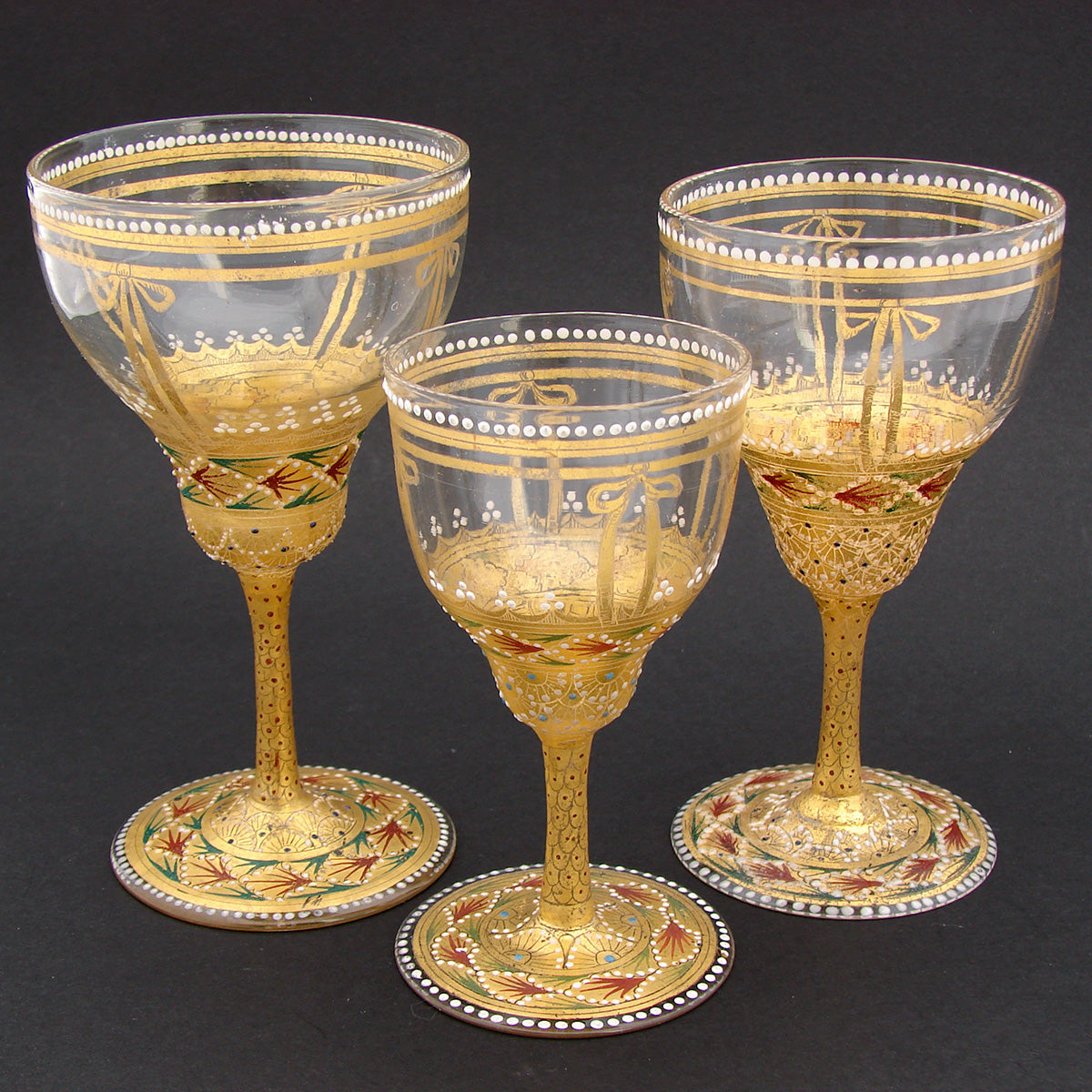 Gorgeous 3pc Antique Bohemian Enameled Glass Goblet Set, Gold & Raised Enamel
