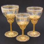 Gorgeous 3pc Antique Bohemian Enameled Glass Goblet Set, Gold & Raised Enamel