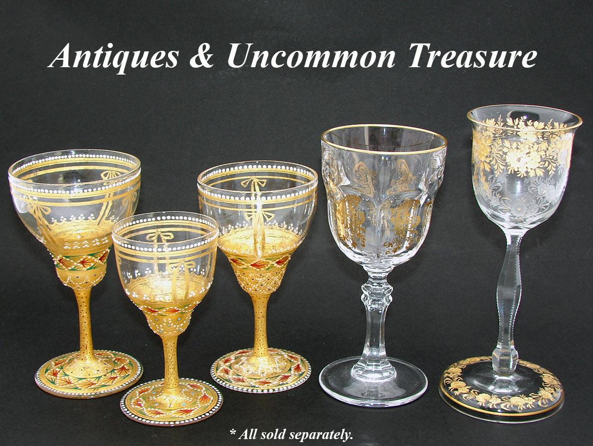 Gorgeous 3pc Antique Bohemian Enameled Glass Goblet Set, Gold & Raised Enamel