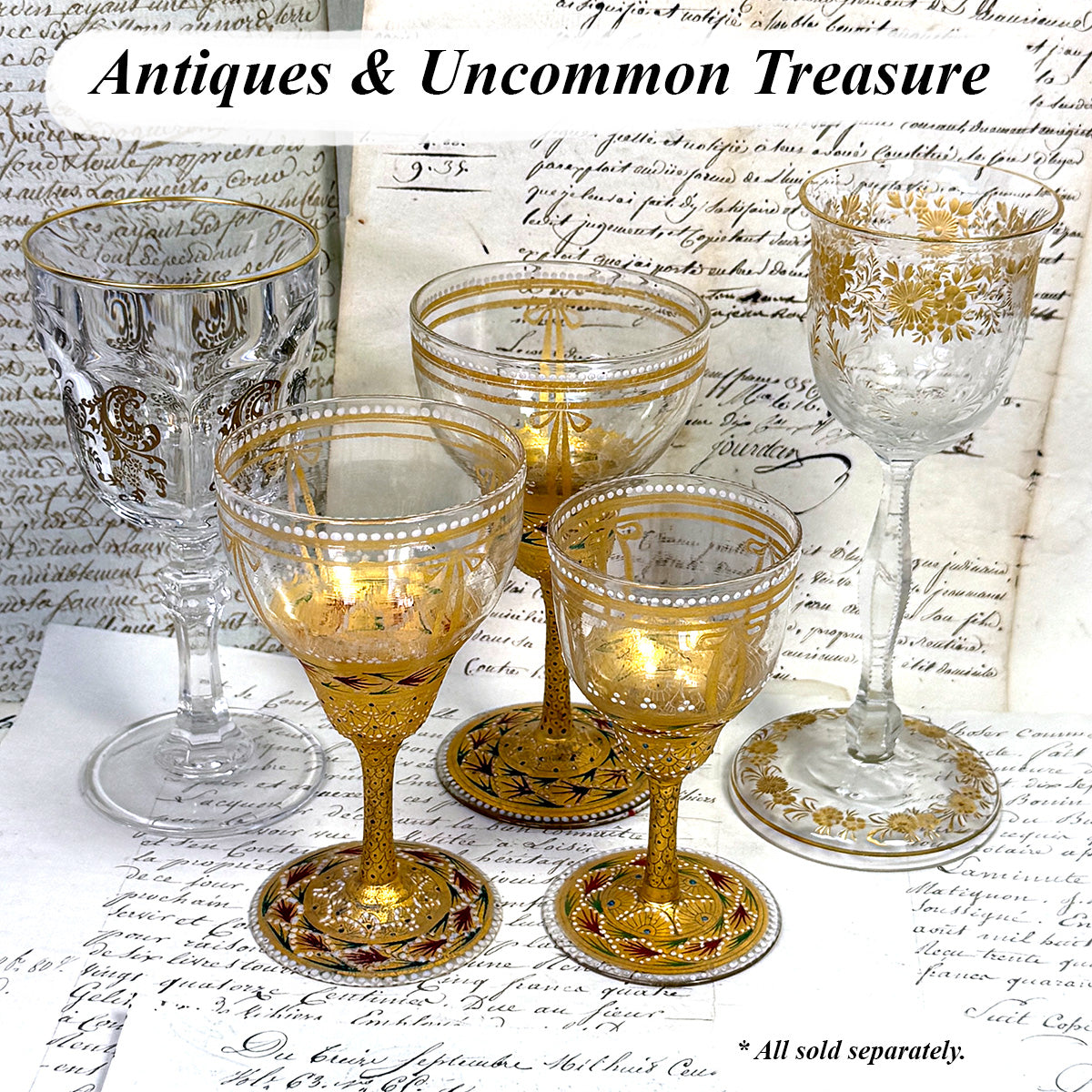 Gorgeous 3pc Antique Bohemian Enameled Glass Goblet Set, Gold & Raised Enamel