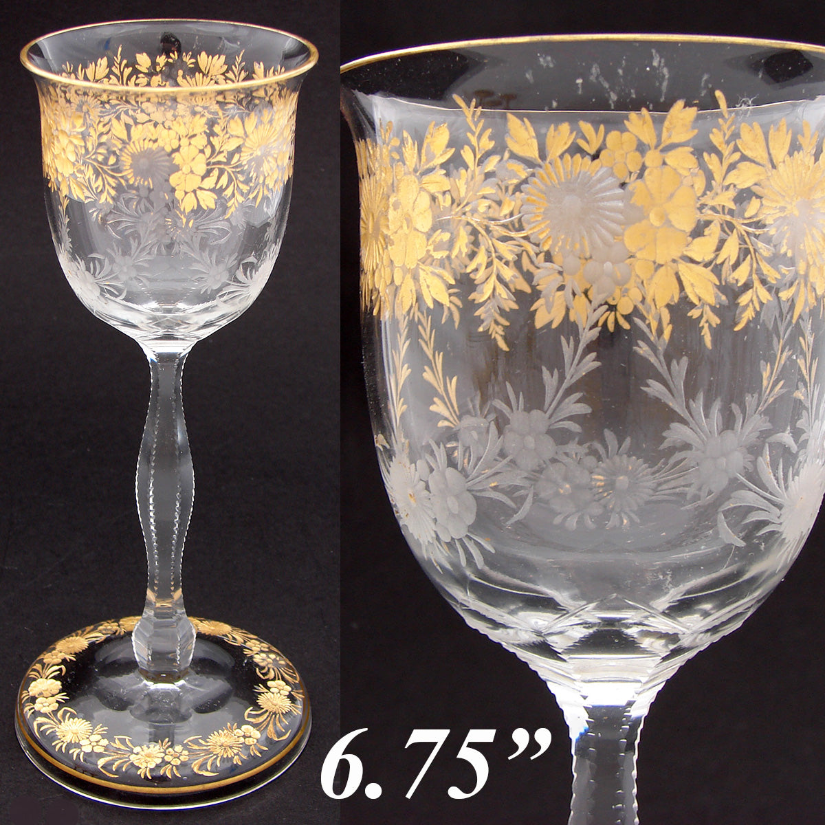 Antique Moser? Bohemian 6 3/4" Goblet, Intaglio Engraved with Gold Enamel
