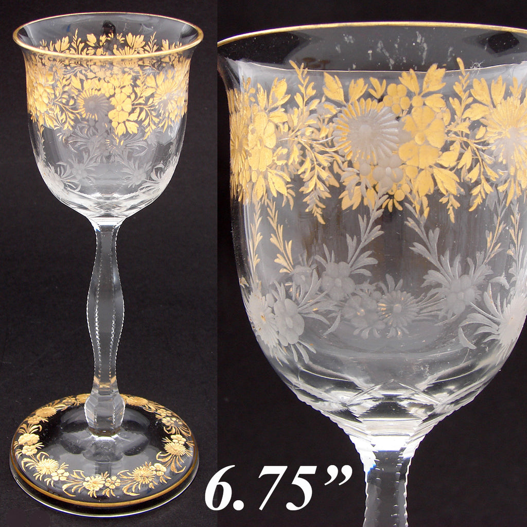 Antique Moser? Bohemian 6 3/4" Goblet, Intaglio Engraved with Gold Enamel
