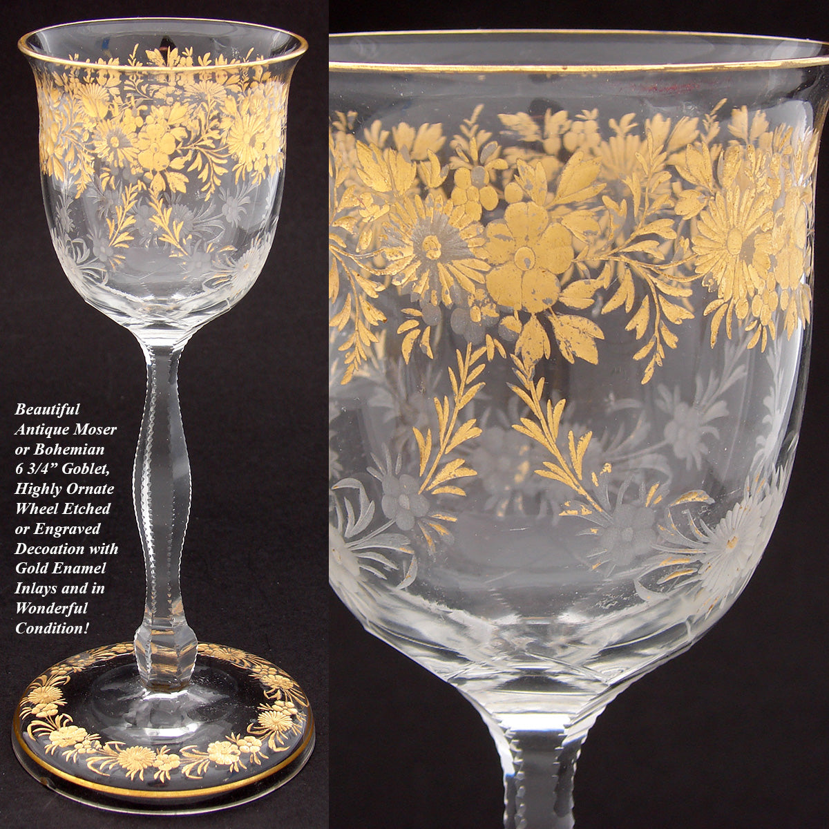 Antique Moser? Bohemian 6 3/4" Goblet, Intaglio Engraved with Gold Enamel