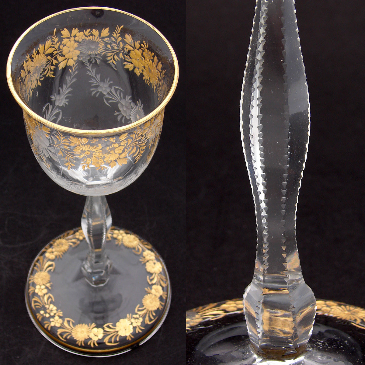 Antique Moser? Bohemian 6 3/4" Goblet, Intaglio Engraved with Gold Enamel
