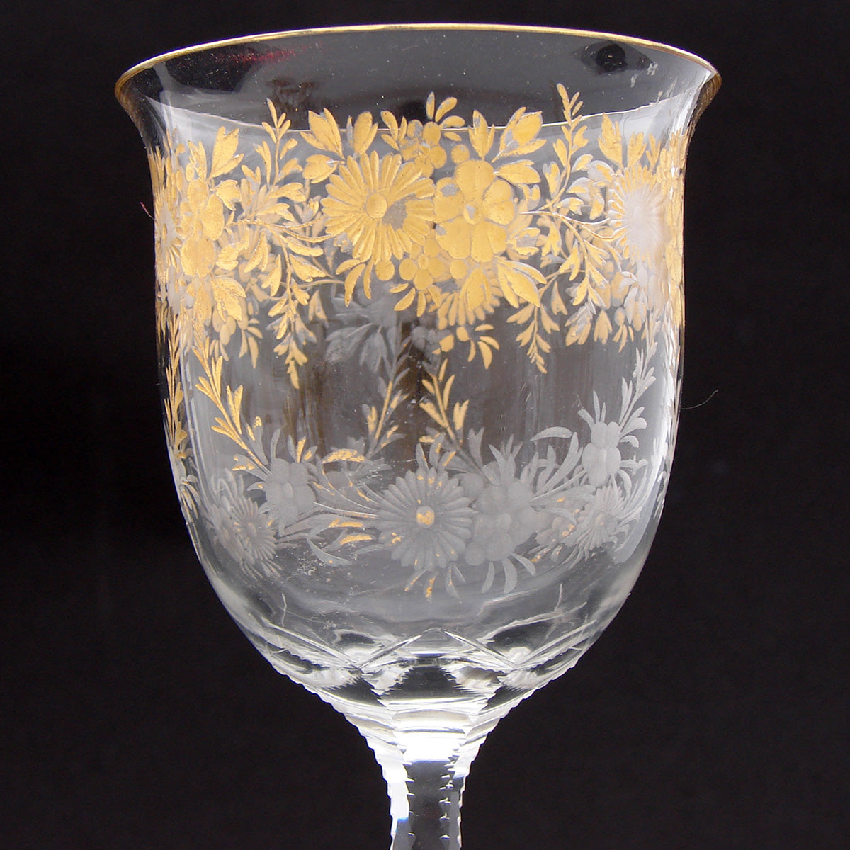 Antique Moser? Bohemian 6 3/4" Goblet, Intaglio Engraved with Gold Enamel