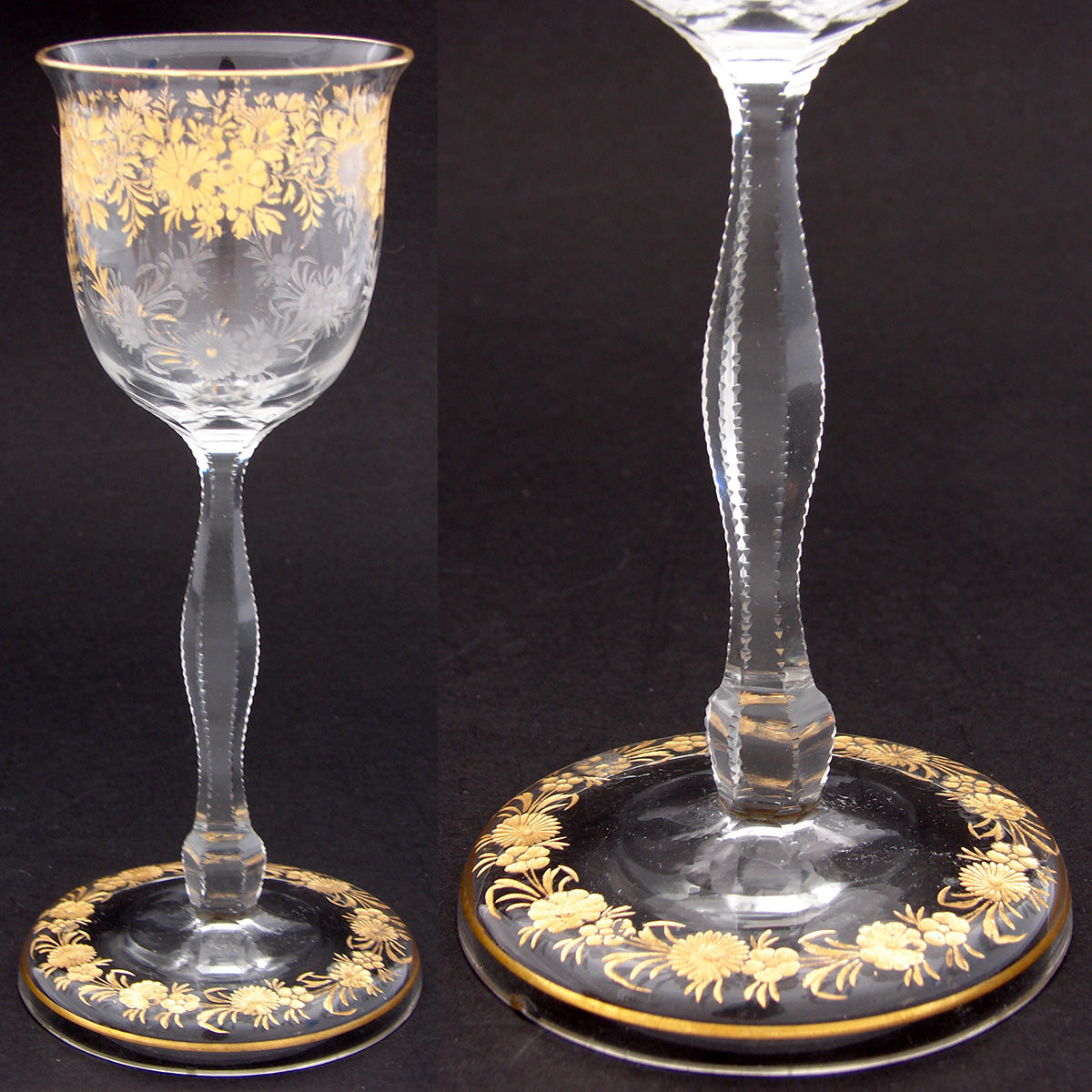 Antique Moser? Bohemian 6 3/4" Goblet, Intaglio Engraved with Gold Enamel