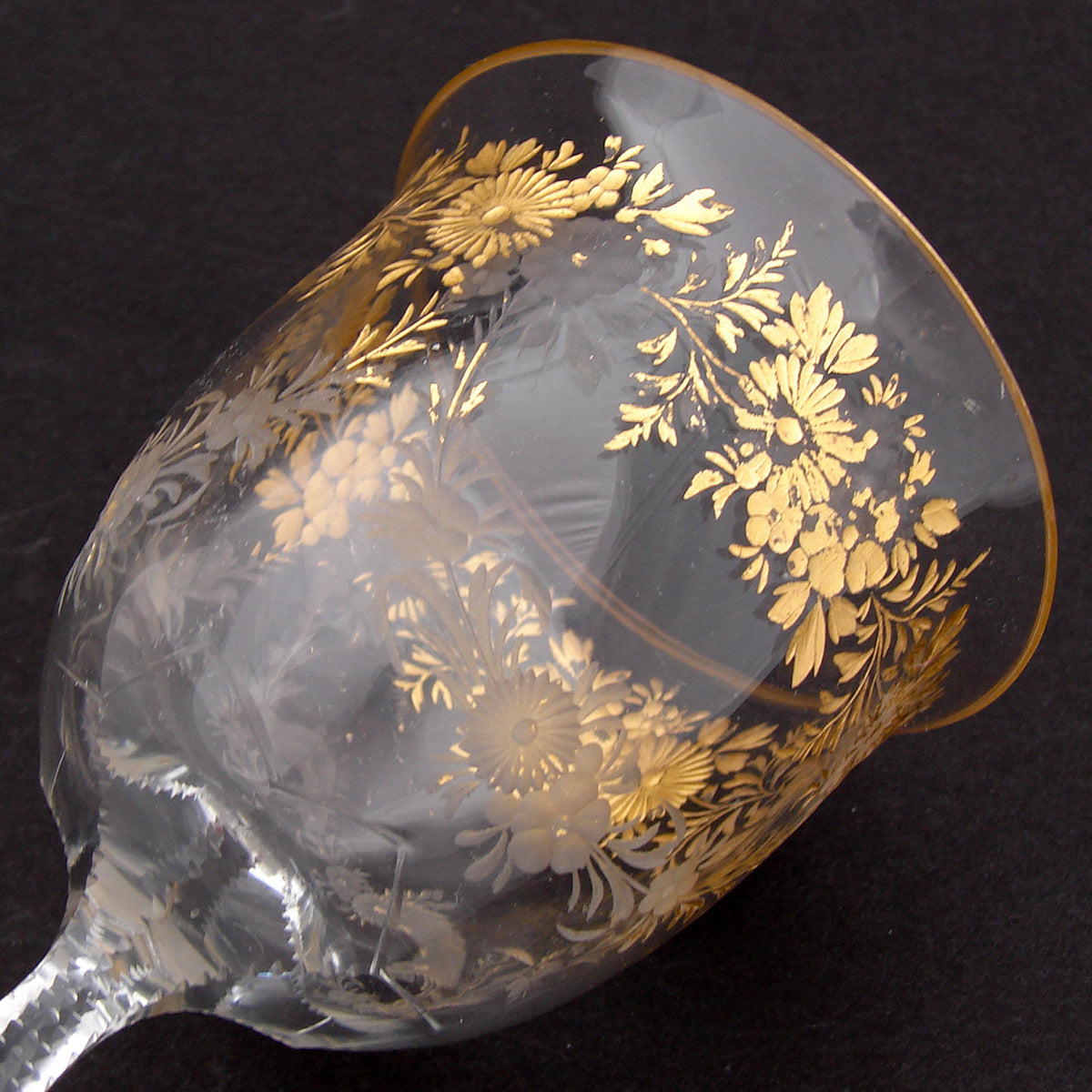 Antique Moser? Bohemian 6 3/4" Goblet, Intaglio Engraved with Gold Enamel