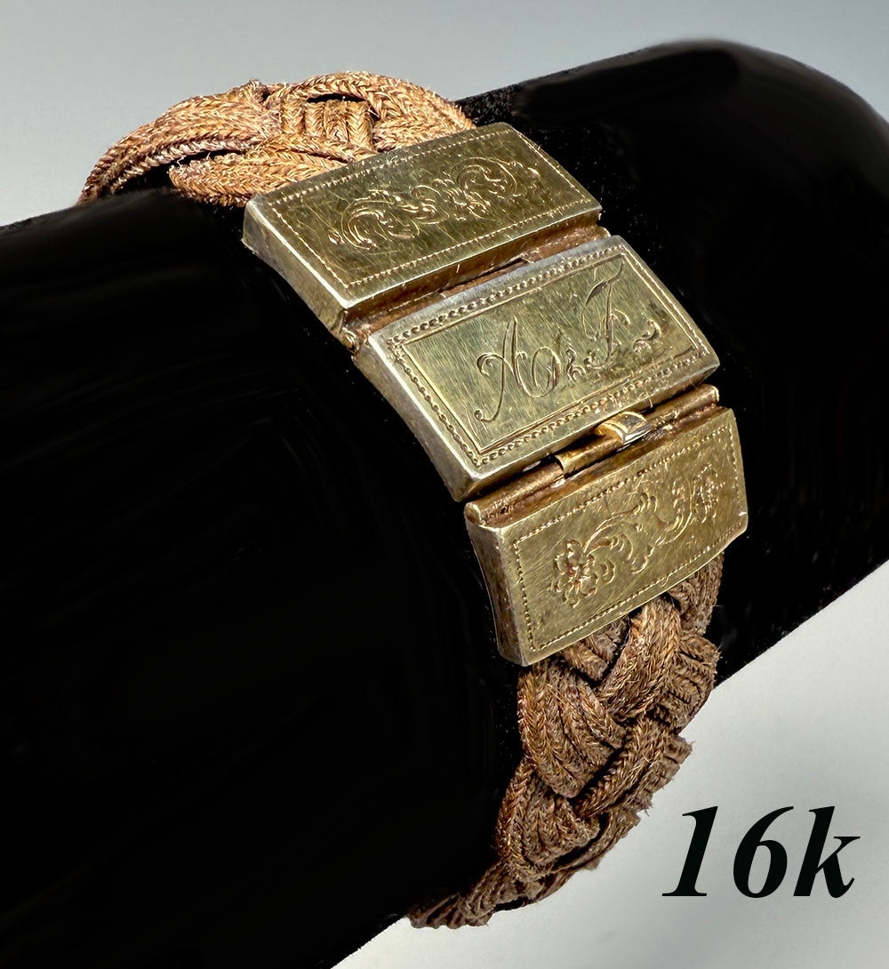 Antique Victorian Era Mourning Bracelet, Large 16k Clasp and Tightly Braided Chestnut Hair Art