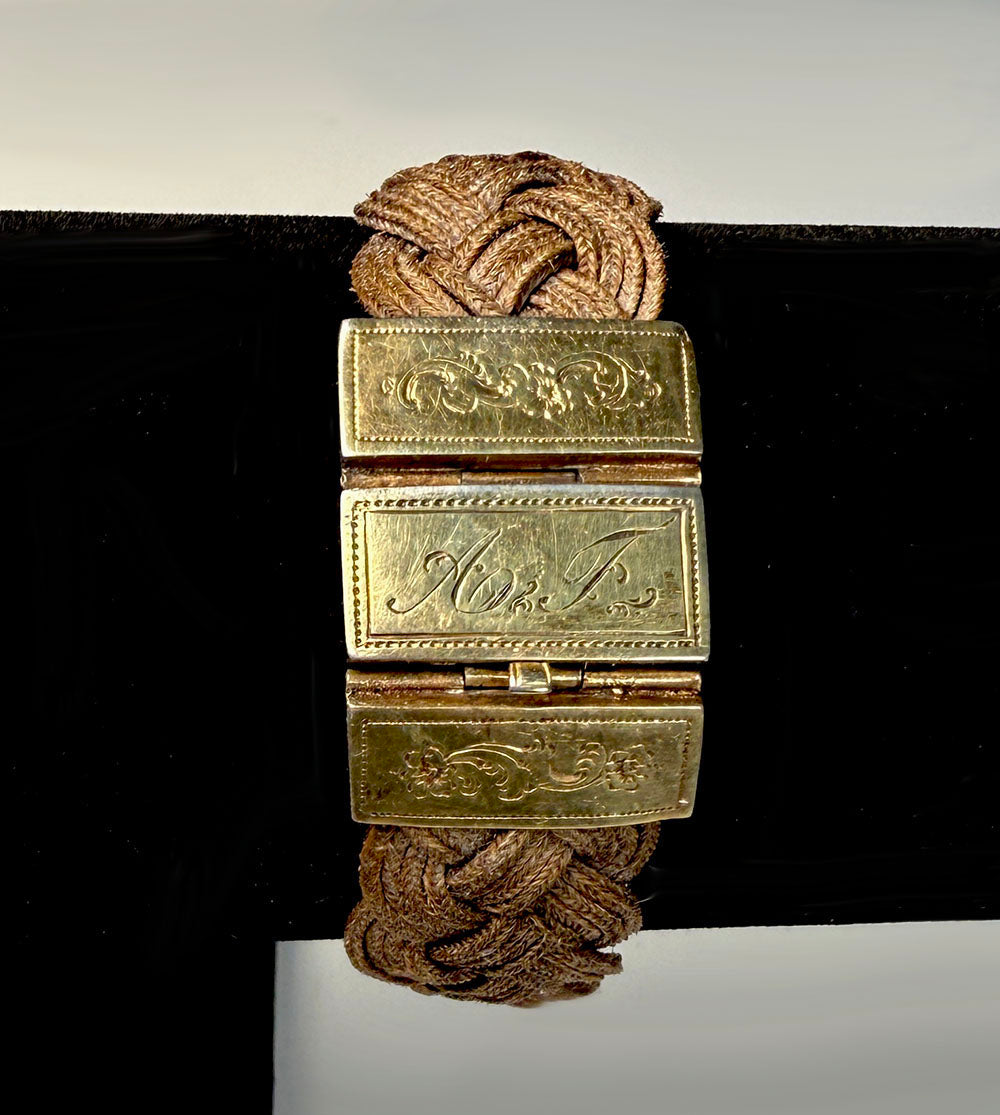 Antique Victorian Era Mourning Bracelet, Large 16k Clasp and Tightly Braided Chestnut Hair Art