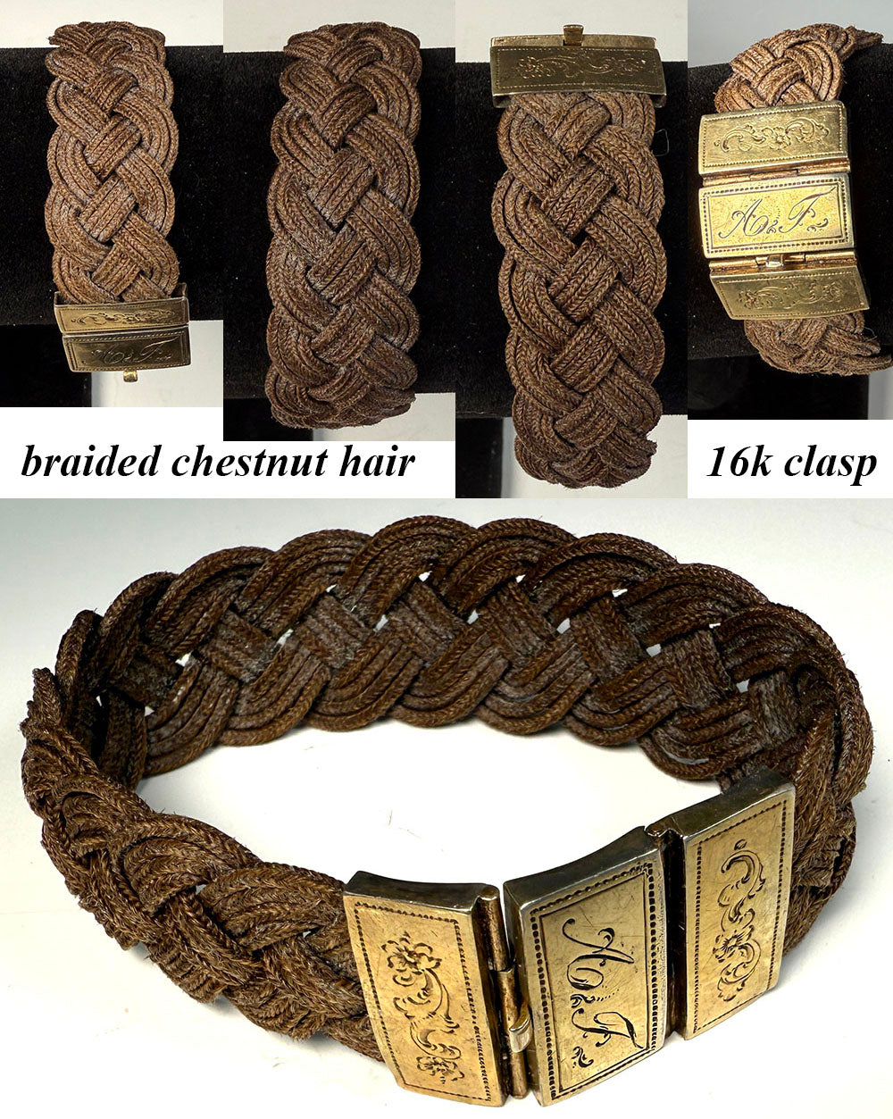 Antique Victorian Era Mourning Bracelet, Large 16k Clasp and Tightly Braided Chestnut Hair Art