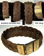 Antique Victorian Era Mourning Bracelet, Large 16k Clasp and Tightly Braided Chestnut Hair Art