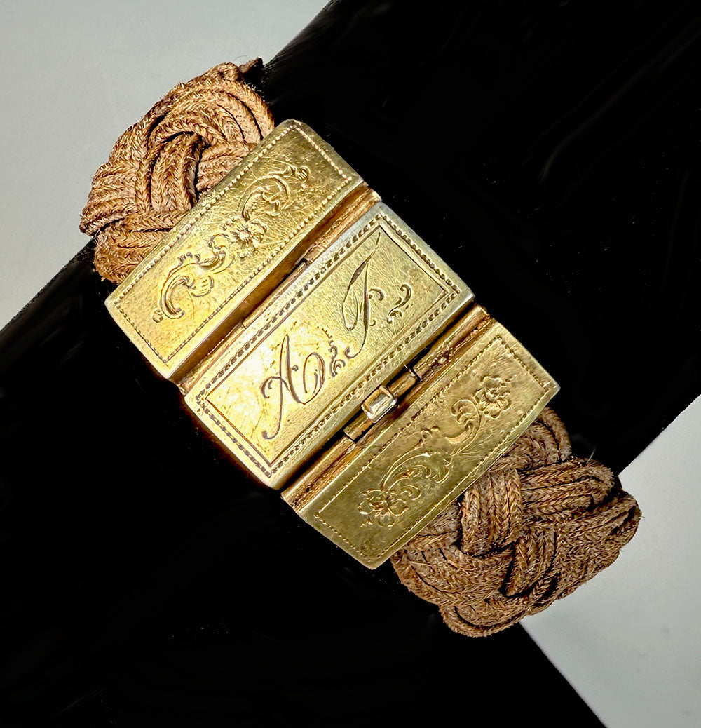 Antique Victorian Era Mourning Bracelet, Large 16k Clasp and Tightly Braided Chestnut Hair Art