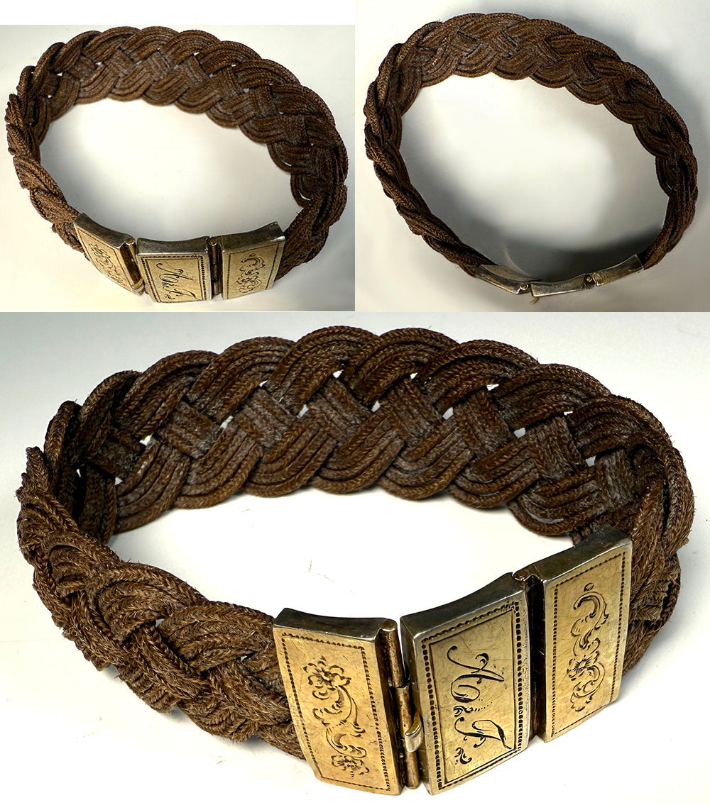 Antique Victorian Era Mourning Bracelet, Large 16k Clasp and Tightly Braided Chestnut Hair Art