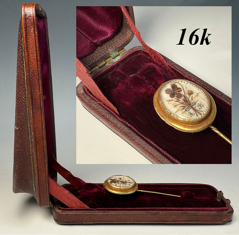 Antique Victorian Era French Hair Locket Memento 16k Gold Gentleman's Stick or Lapel Pin in Leather Box