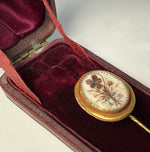Antique Victorian Era French Hair Locket Memento 16k Gold Gentleman's Stick or Lapel Pin in Leather Box