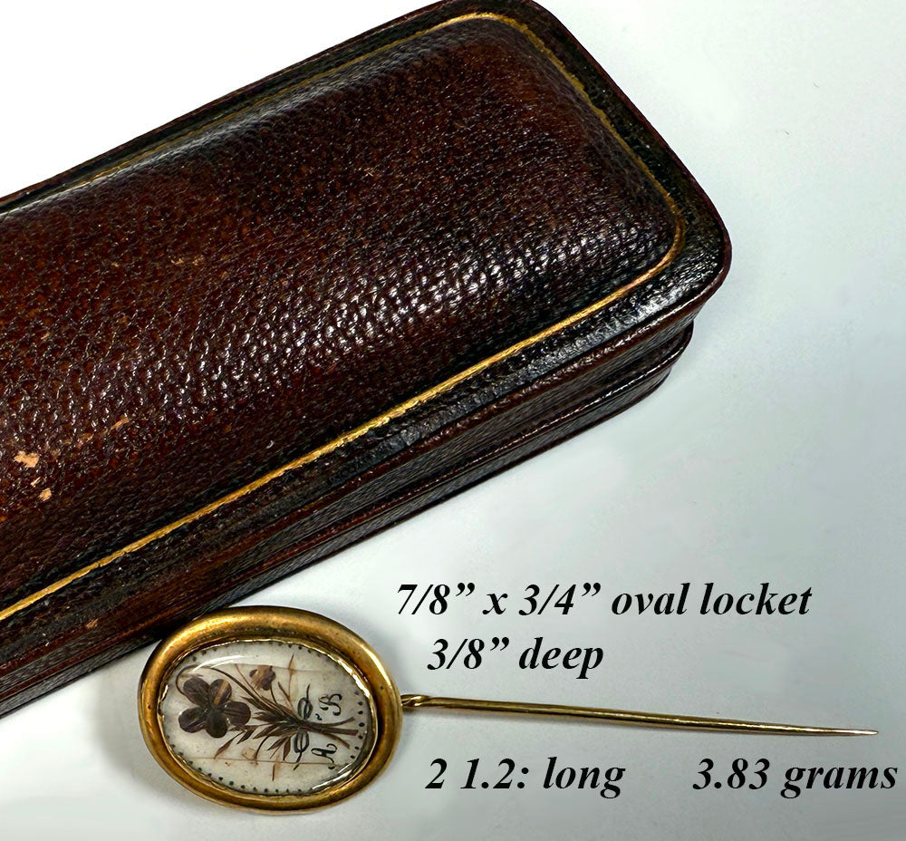 Antique Victorian Era French Hair Locket Memento 16k Gold Gentleman's Stick or Lapel Pin in Leather Box