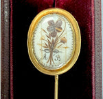 Antique Victorian Era French Hair Locket Memento 16k Gold Gentleman's Stick or Lapel Pin in Leather Box