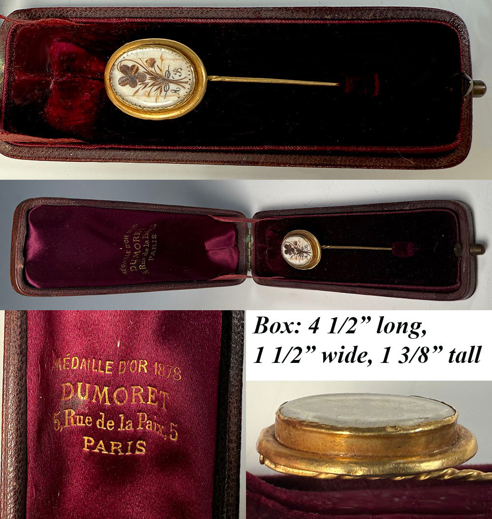 Antique Victorian Era French Hair Locket Memento 16k Gold Gentleman's Stick or Lapel Pin in Leather Box