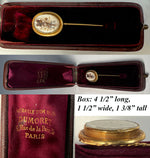 Antique Victorian Era French Hair Locket Memento 16k Gold Gentleman's Stick or Lapel Pin in Leather Box