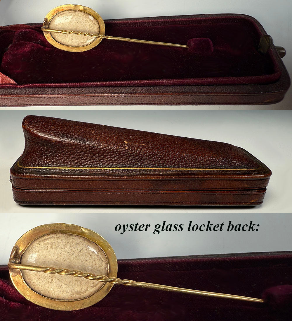 Antique Victorian Era French Hair Locket Memento 16k Gold Gentleman's Stick or Lapel Pin in Leather Box