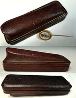 Antique Victorian Era French Hair Locket Memento 16k Gold Gentleman's Stick or Lapel Pin in Leather Box