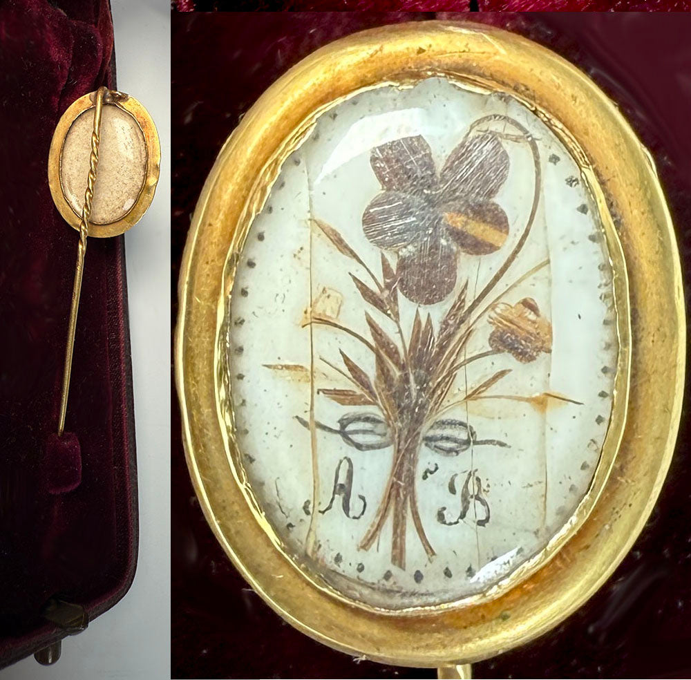 Antique Victorian Era French Hair Locket Memento 16k Gold Gentleman's Stick or Lapel Pin in Leather Box