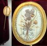 Antique Victorian Era French Hair Locket Memento 16k Gold Gentleman's Stick or Lapel Pin in Leather Box