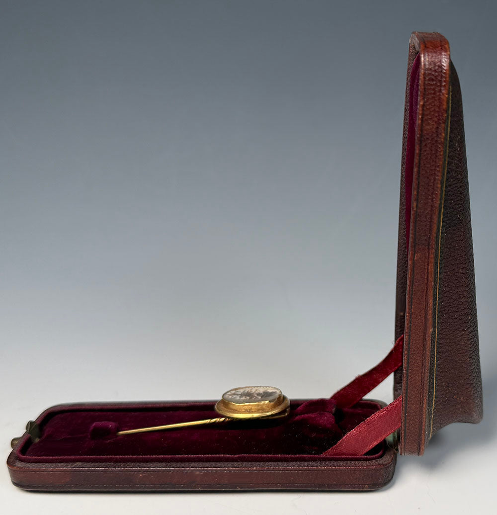 Antique Victorian Era French Hair Locket Memento 16k Gold Gentleman's Stick or Lapel Pin in Leather Box