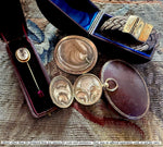 Antique Victorian Era French Hair Locket Memento 16k Gold Gentleman's Stick or Lapel Pin in Leather Box