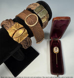 Antique Victorian Era French Hair Locket Memento 16k Gold Gentleman's Stick or Lapel Pin in Leather Box