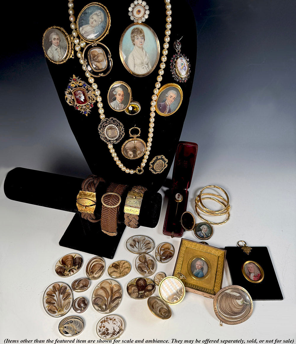 Antique Victorian Era French Hair Locket Memento 16k Gold Gentleman's Stick or Lapel Pin in Leather Box