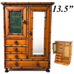 Antique Victorian Era 13.5" Miniature Armoire, Doll Sized Cabinet & Chest of Drawers