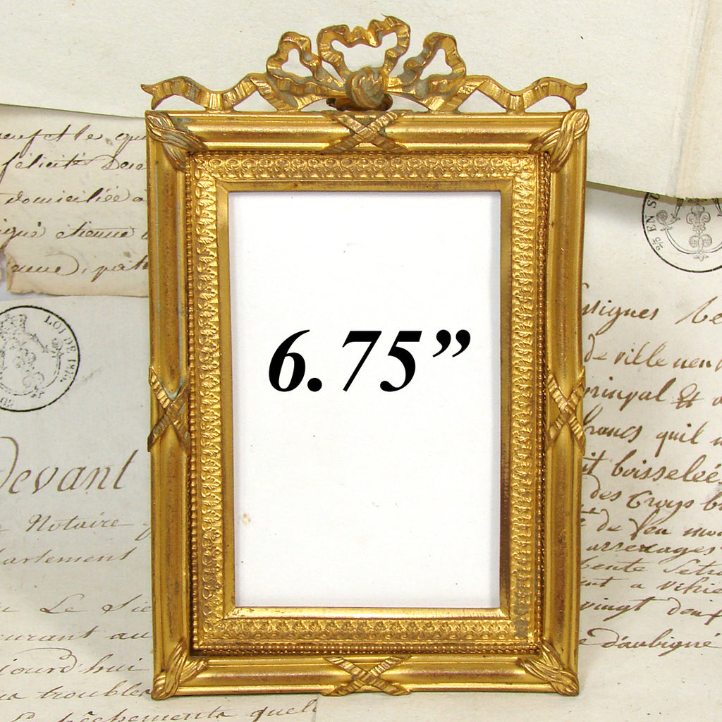Gorgeous Antique French Gilt Bronze 6 3/4" Picture Frame, Louis XVI Style Bow & Ribbon Top