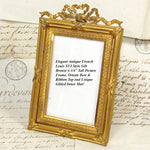Gorgeous Antique French Gilt Bronze 6 3/4" Picture Frame, Louis XVI Style Bow & Ribbon Top