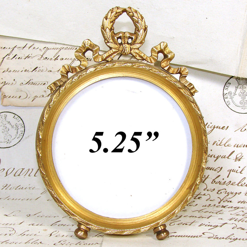 Antique French Gilt Bronze Ormolu 5.25" Picture Frame, Louis XVI Bow & Ribbon Top