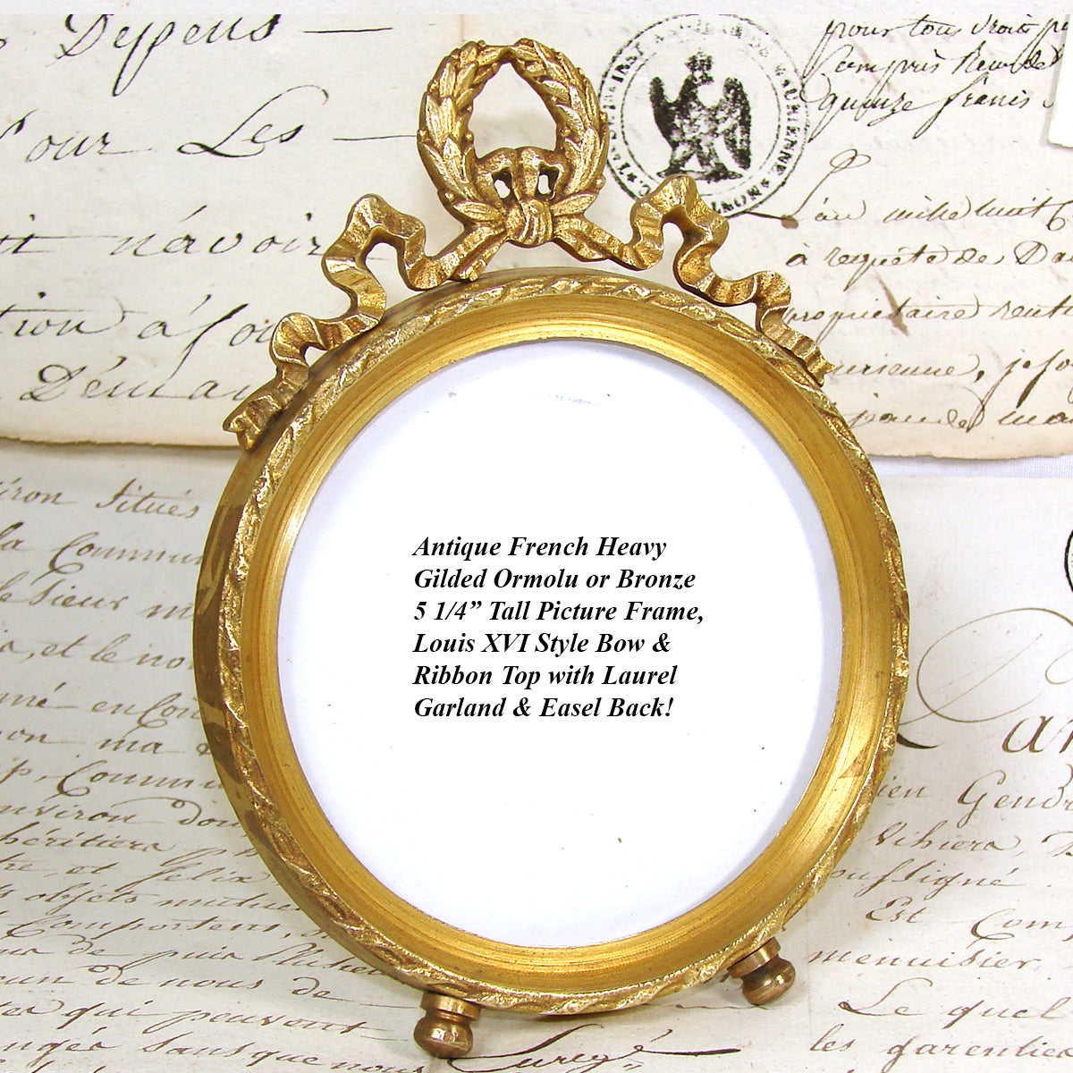Antique French Gilt Bronze Ormolu 5.25" Picture Frame, Louis XVI Bow & Ribbon Top