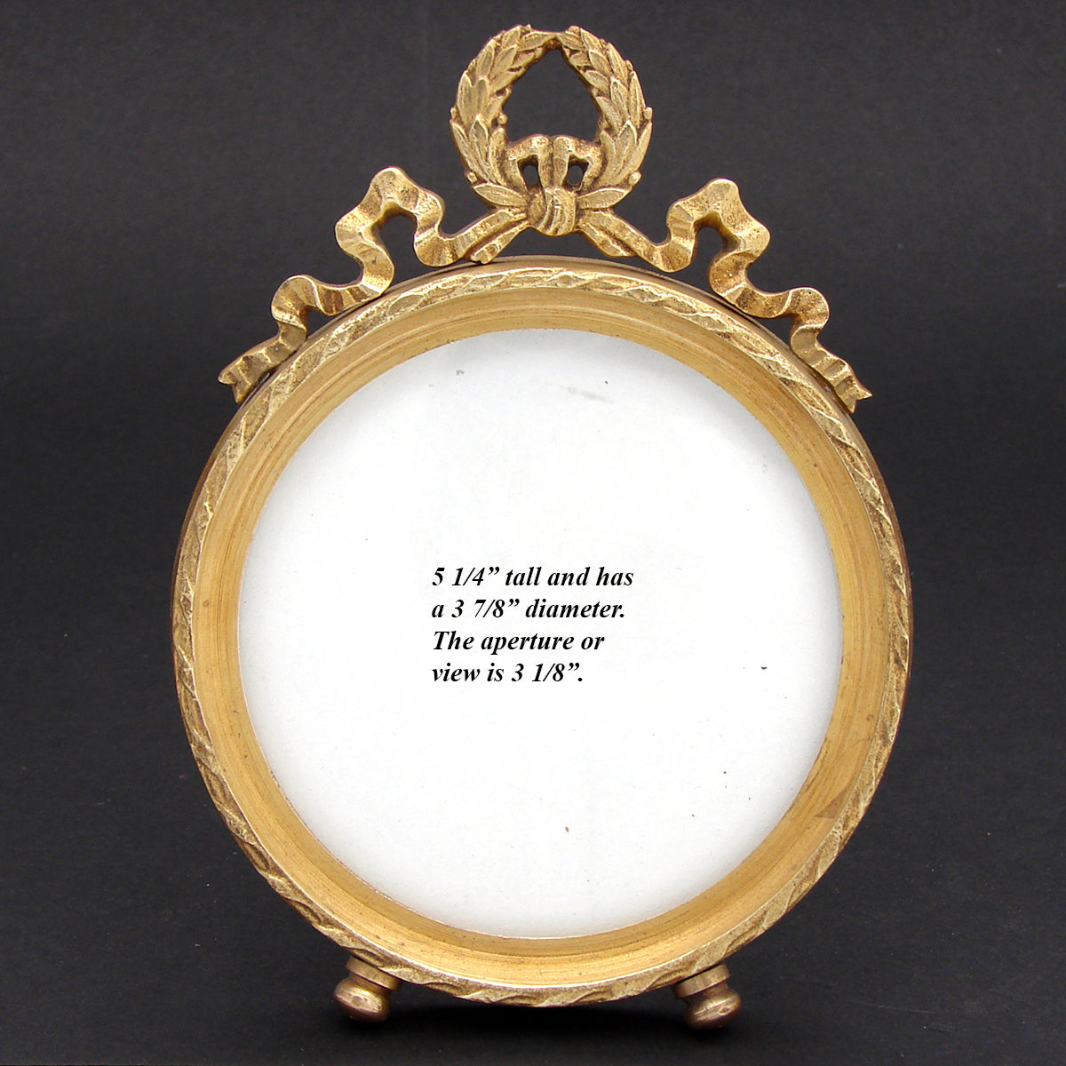 Antique French Gilt Bronze Ormolu 5.25" Picture Frame, Louis XVI Bow & Ribbon Top