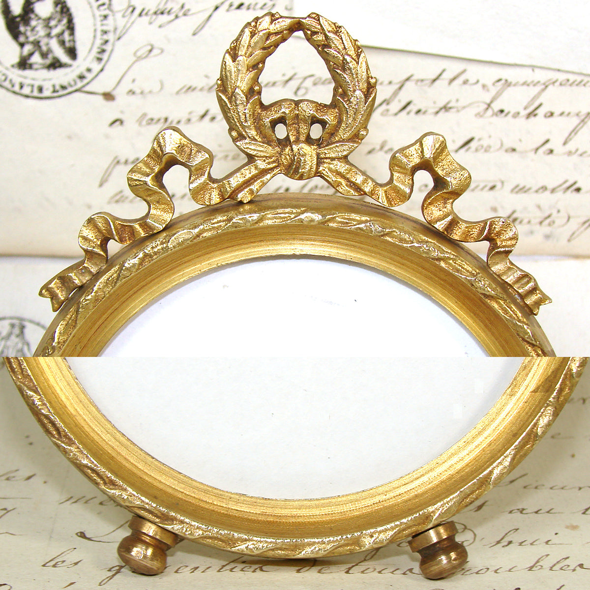 Antique French Gilt Bronze Ormolu 5.25" Picture Frame, Louis XVI Bow & Ribbon Top