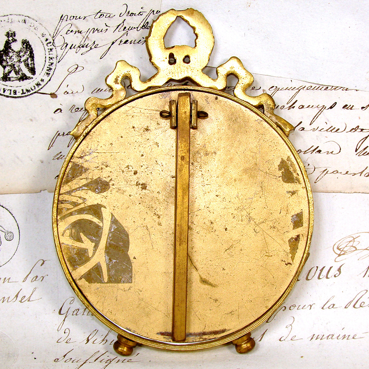 Antique French Gilt Bronze Ormolu 5.25" Picture Frame, Louis XVI Bow & Ribbon Top