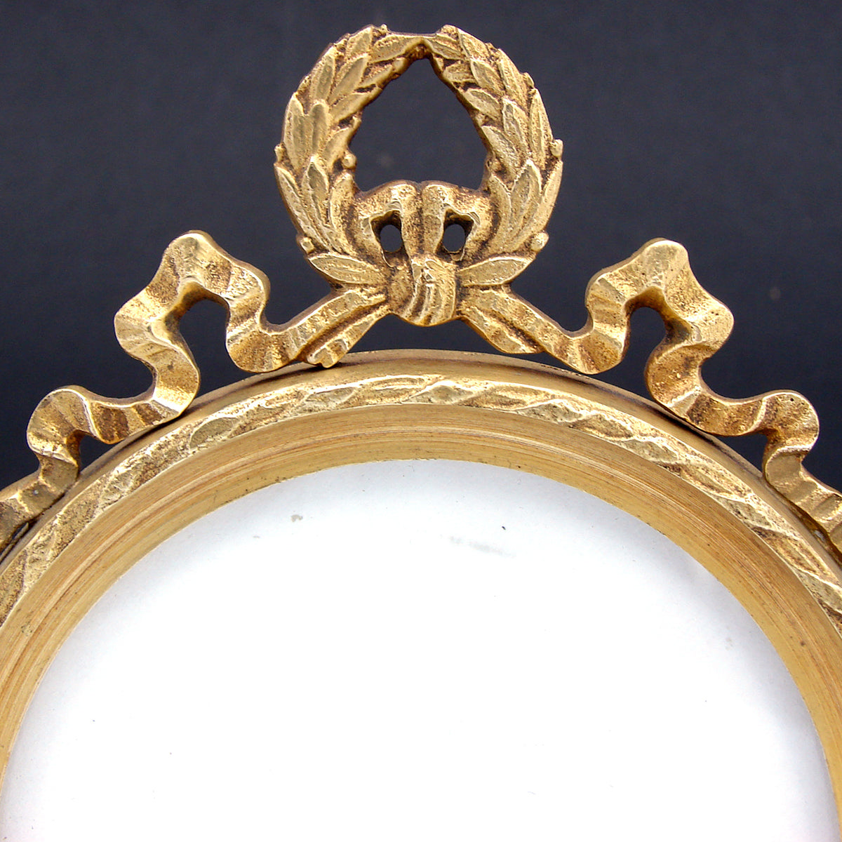 Antique French Gilt Bronze Ormolu 5.25" Picture Frame, Louis XVI Bow & Ribbon Top