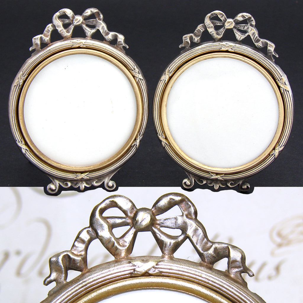 Antique French Louis XVI Style Miniature Picture Frame Pair, Bow & Ribbon Top