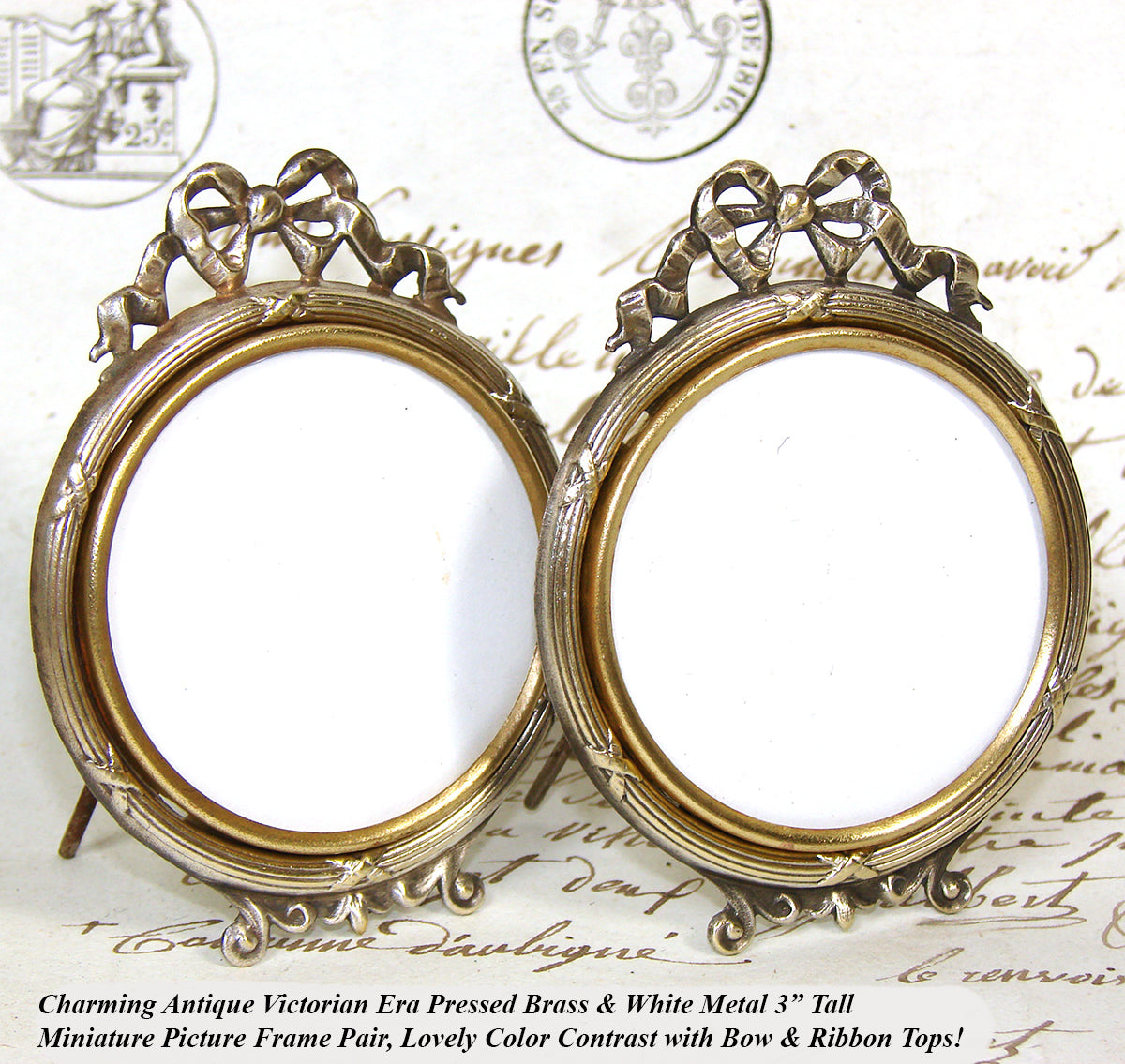 Antique French Louis XVI Style Miniature Picture Frame Pair, Bow