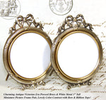 Antique French Louis XVI Style Miniature Picture Frame Pair, Bow & Ribbon Top